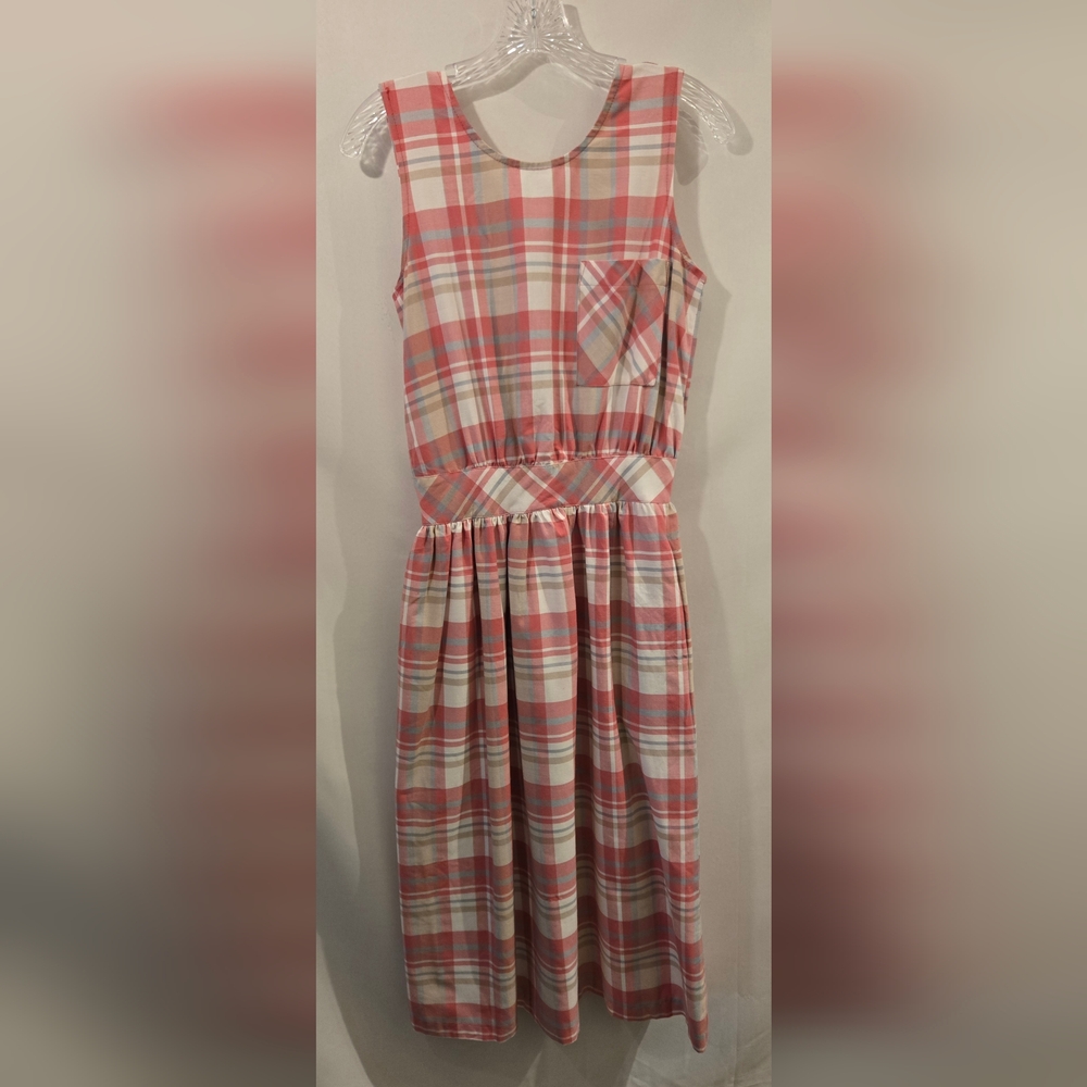 Vintage Pam's Closet Women's (Small, Pink/Gray/White) Plaid Midi Dress